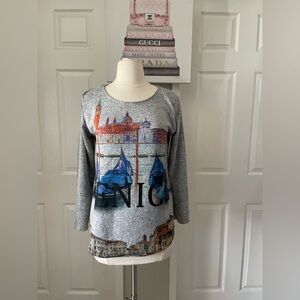 Venice Print Gray Long Sleeve Blouse